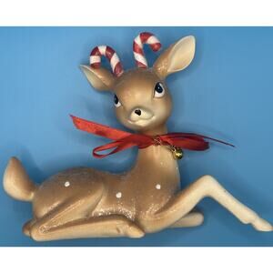 Vintage Inspired Reindeer 9" Figurine Candy Cane Antler Bells Glitter Retro
